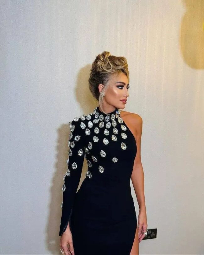 Midnight Elegance One-Shoulder Crystal Gown