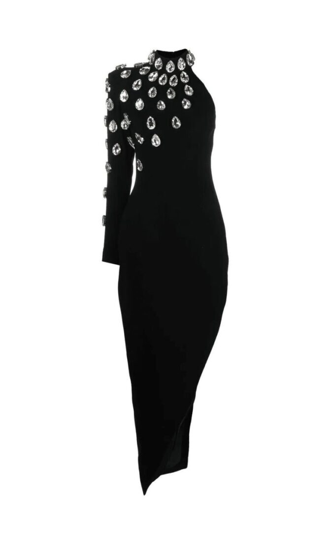 Midnight Elegance One-Shoulder Crystal Gown - Image 3