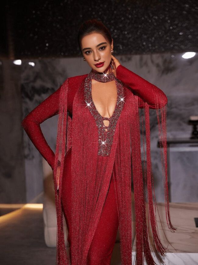 Glamorous Hollywood Fringe Bandage Jumpsuit – Red Carpet Ready